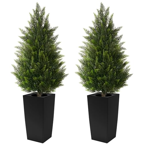 4FT Tall 2 Pack Artificial Cedar Topiary Trees with Compact Pyramidal Shape, Realistic Faux Cypress in Square Black Pot with Fillable Water Bag, Outdoor Evergreen for Front Porch Garden Home Decor - color: Black-pyramid Topiary, size: 4ft-2pack