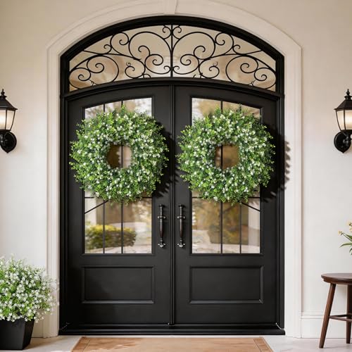 26" Artificial Eucalyptus Wreath with Baby's Breath for Front Door - Fake Eucalyptus Wreath, Spring Summer Faux Flowers Wreath for Porch, Farmhouse, Wall, Window, Home Decor (White-Green)