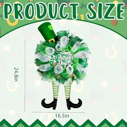 25 Inch St Patrick's Day Wreath for Front Door Green Leprechaun Mesh Wreath with Plush Shamrock Top Hat - color: St Patrick's Day-1