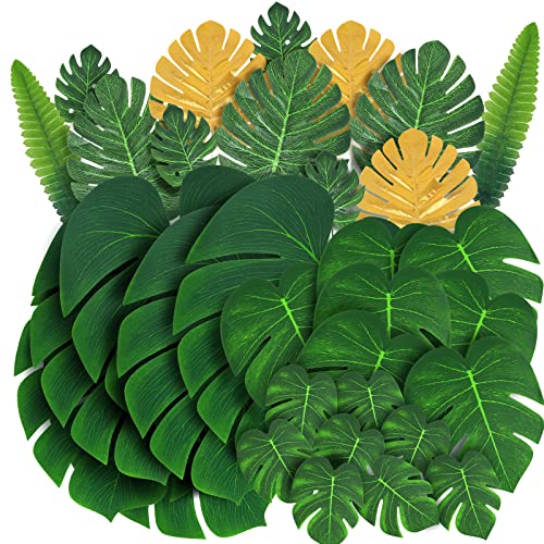 RECUTMS Artificial Tropical Palm Leaves 72Pcs 7 Kinds Green Gold Fake Monstera Leaf with Stem for Safari Jungle Hawaiian Luau Beach Baby Shower Wedding Birthday Party Table Summer Spring Decoration - color: Green & Gold
