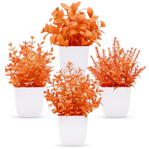 Der Rose 4 Pack Fall Fake Plants Mini Artificial Greenery Potted Plants Fall Decorations for Home Decor Indoor Office Table Room Farmhouse Bathroom Fall Decor - color: Orange