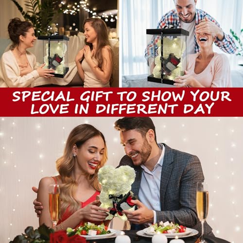 Romantic Valentines Day Gift for Her, Artificial Flowers Bouquet Necklace Rose Teddy Bear with Real Pearl Blind Box Birthday Gift, Valentiness Day Gift for Monther Wife Girl (White) - color: White