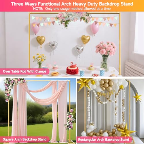 Square Backdrop Stand, Wedding Arch Heavy Duty Adjustable Stand, Over The Table Rod Stand with Clamps, Metal Gold Garden Balloon Frame for Baby Shower Party Decoration - size: 2-IN-1 6.5 FT