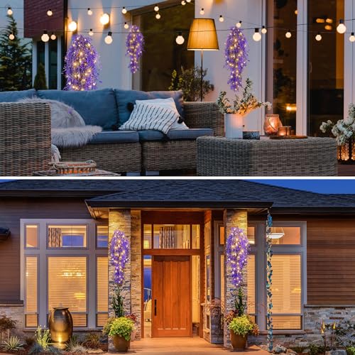 Mudder 3 Packs LED Artificial Hanging Plants, 3.6 ft Fake Hanging Plant, Ivy Vine Fake Leaves Greeny Chain Wall Home Room Garden Wedding Garland Outside Decor (Basket Not Included) (Purple Vine) - color: Purple Vine