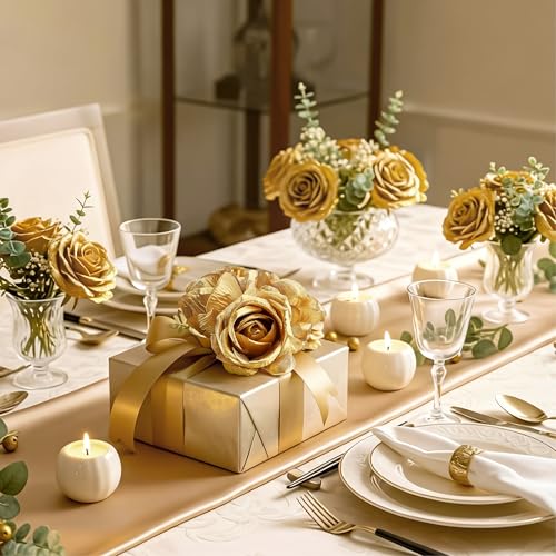 Auihiay 14PCS Gold Artificial Roses, Silk Rose Bouquet with Long Stems for Father's Day, Valentine's Day, Anniversary, Cake Decor, Valentine's Day & Home Decoration - color: Gold