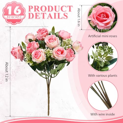 Zeyune 16 Bunches 12 Inch Artificial Mini Rose Bouquet 160 Heads Bridal Flower Bouquets Fake Silk Rose Bulk for Valentine's Day Wedding Bridal Shower Home Office Garden(Pink) - color: Pink