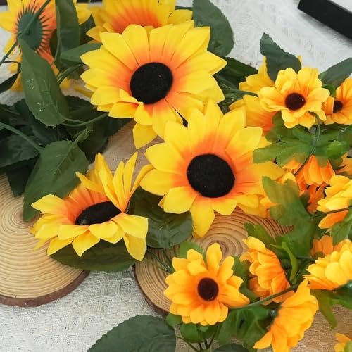 Zythrem 6 Pack Artificial Sunflower Garland for Decoration 7.22FT Silk Sunflower Yellow Flower Vines with Green Leaves Summer Garland for Mantle Wedding Table Home Baby Shower Party
