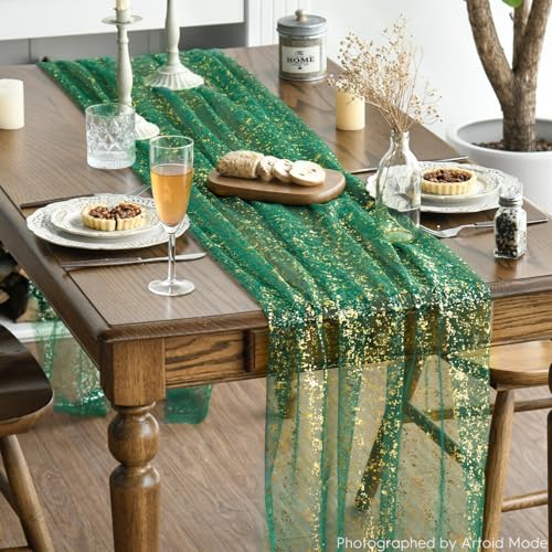 Artoid Mode Green Gold Gauze Table Runner 120 Inch 10FT, Glitter Metallic Foil Sheer Dining Wedding Anniversary Holiday Table Decor for Home Party - color: Green, size: 28" x 120"