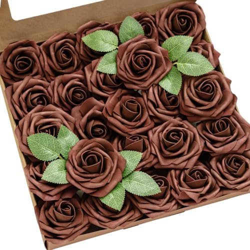 Ling's moment Artificial Flowers 25Pcs Walnut Brown Roses Decor w/Stems,3" DIY Foam Floral for Wedding Bouquet/Centerpieces, Outdoors Party Backdrop, Room/Table, and Garden/Pot Decorations - color: Brn- Walnut Brown, size: 25Pcs