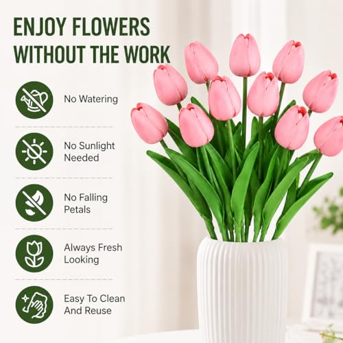 10 Pack Tulips Artificial Flowers PU Faux Flowers Fake Tulips for Home Kitchen Wedding Dining Table Decorations Mother's Day Easter Valentine's Day Decor (Pink) - color: Pink