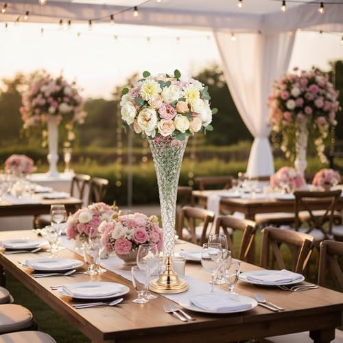 LemonRoad 2 Pcs 32 Inch Tall Gold Crystal Trumpet Vase for Centerpiece Wedding Extra Large Crystal Beaded Flower Vase with Metal Base for Table Floor Party Anniversary Birthday Banquet Celebration