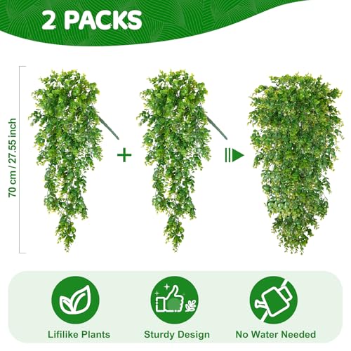 Hrobek Fake Hanging Plants, 2pcs Lifelike Artificial Eucalyptus Greenery for Spring Summer Decoration, Faux Vine Plant for Wall Shelf Home Office Patio Indoor Outdoor Decor - color: Green Eucalyptus