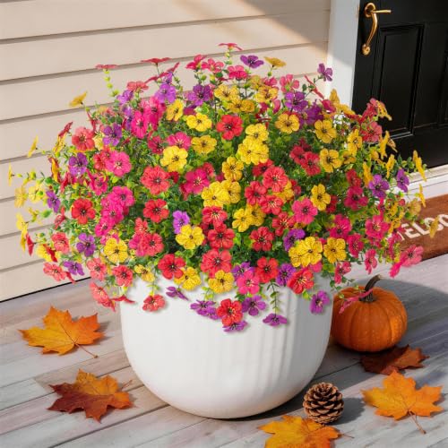 Artificial Fake Flowers Plants for Outdoors, 12 Bundles Multicolor Faux Silk Flower Spring Summer Decoration, UV Resistant No Fade Artificial Outdoor Plant for Home Planter Porch Patio Yard Decor - color: Light Purple,rose,red,yellow