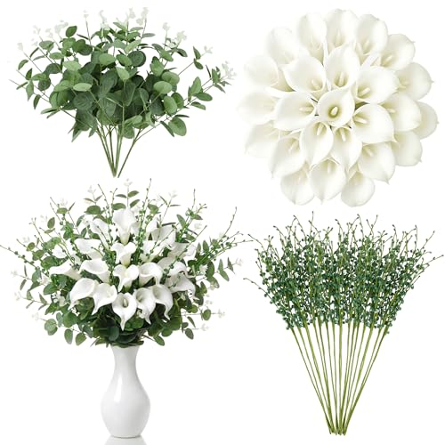 Suncalla 24 Pcs Artificial Calla Lily Flowers Bulk with Faux Eucalyptus Leaves Greenery Stems Jasmine White Calla Lilies Tulips Leaves Branches for DIY Bouquets Floral Arrangement Home Decor