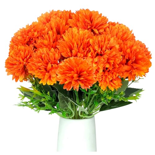 12Pcs Artificial Fall Flowers, Fake Silk Chrysanthemums Orange Marigold Ball Flower Fake Mums for Autumn Dia De Los Muertos Day of The Dead Home Decor Outdoors Indoor
