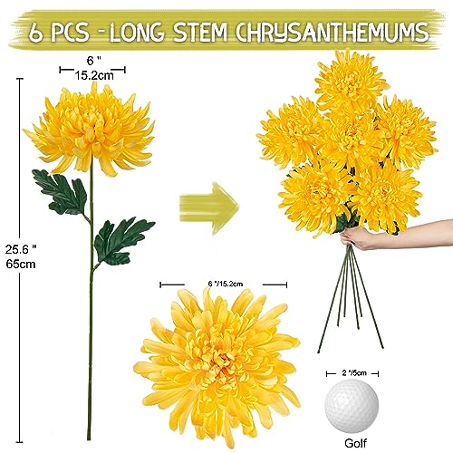 Briful 6 Pcs Yellow Artificial Mums for Outdoors Fall – 25.6’’ Long Stem Faux Chrysanthemums, Large 6’’ Silk Fall Flowers for Wedding Bouquets, Centerpieces, Porch Décor, Indoor Home Decoration - color: Yellow