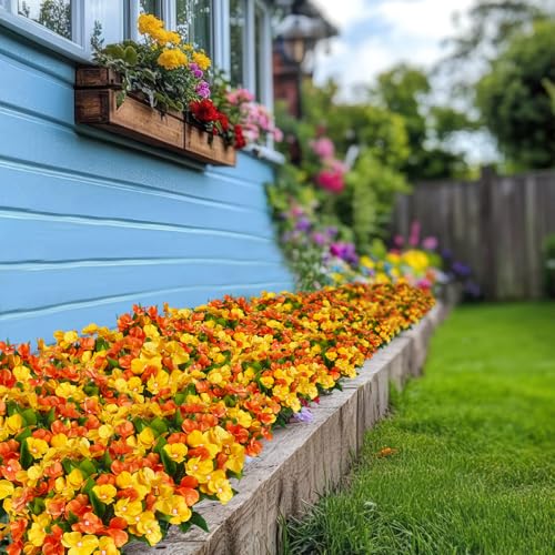 CITYES 4 Pcs Artificial Flowers Outdoor Impatiens UV Resistant Fake Silk Fall Flowers Orange Yellow Faux Flowers Impatiens Bushes for Outdoor Planter Pot Hanging Basket Porch Autumn Fall Decor - color: Orange, Yellow