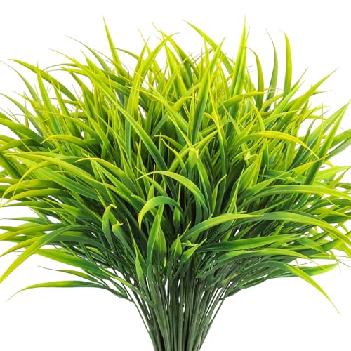 Ouddy Decor 16 Bundles Artificial Plants Outdoor Fake Grass Greenery Stems UV Resistant Faux Plastic Plants Shrubs for Spring Summer Garden Pathway Window Box Farmhouse Front Porch Home Decor, Yellow - color: Yellow