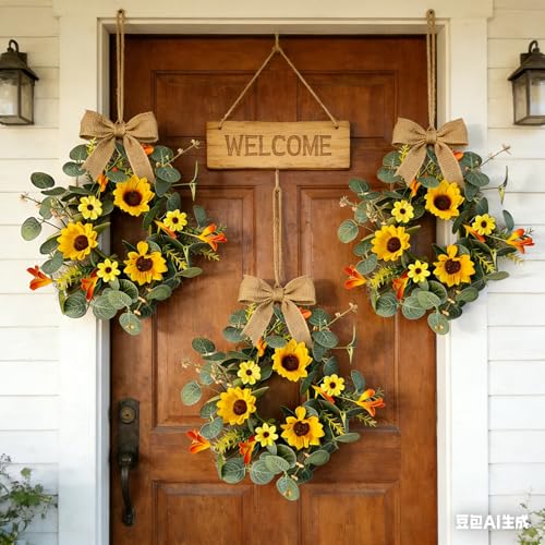 6 Pcs Summer Sunflower Mini Hanging Wreaths for Cabinets Artificial Small Candle Ring Wreaths with Daisy Flower and Eucalyptus Leaves for Home Kitchen Front Door Window Farmhouse Porch Wall Decor - color: Yellow