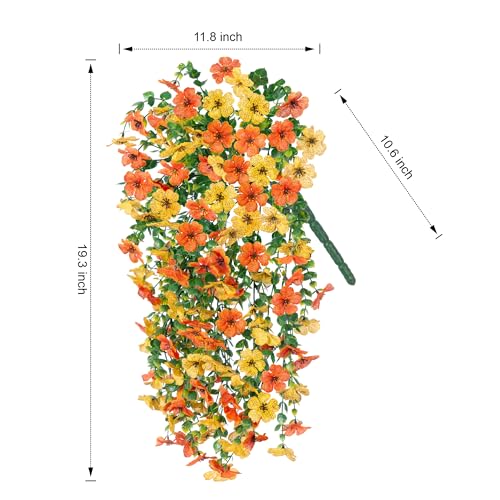 INSPRING Artificial Flowers for Outdoors Fake Mums Hanging Plants Decor, 2Pcs Silk Daisy with Eucalyptus UV Resistant Look Real Trailing Vines for Planter Front Door Patio Yard, OrangeYellow - color: Orangeyellow