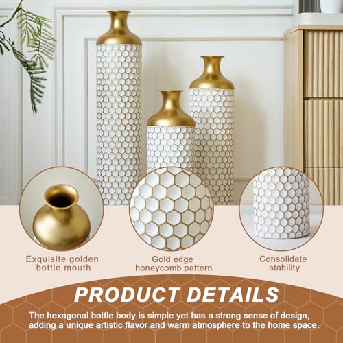 Tall Floor Vases Set of 3, White and Gold Large Tall Decorative Standing Vases with Hammered Gold Accents for Fireplace Home Corner Hallway Office, 31.5" 27.5" 23.6" - color: White Gold