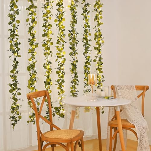 Dolicer 2 Packs 6FT Artificial Eucalyptus Garland with LED Light String, Faux Greenery Garland Hanging Fake Silver Dollar Eucalyptus Leaves Vines for Wedding Backdrop Arch Table Wall Party Home Decor - color: Grey Green With Light, size: 2 Packs