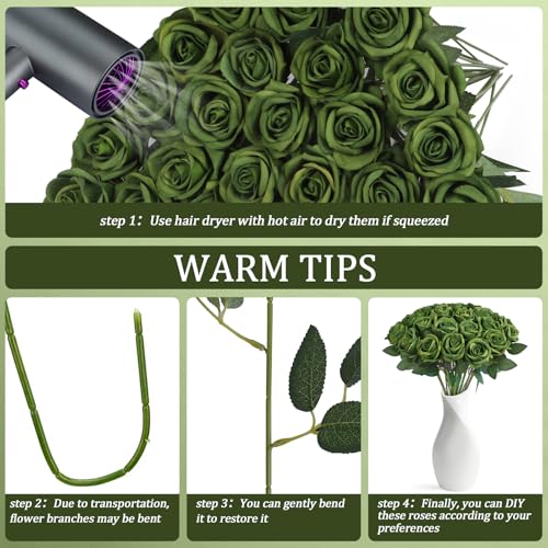 30pcs Fake Roses Artificial Silk Flowers Long Stems Bouquet for Wedding Bridal Shower Party Home Decoration (Green) - color: Green