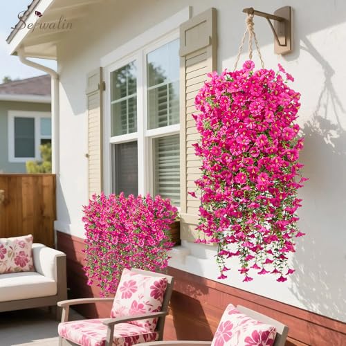 Serwalin Artificial Hanging Flowers for Outdoors Decoration, 4PCS UV Realistic Resistant Silk Artificial Fake Plants Outdoor for Porch Patio Balcony Planter Garden Yard Decor (Hot Pink,4PCS) - color: Hot Pink