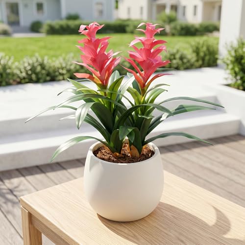 Ivydale Fake Flowers Plants for Outdoors, 2 Pcs 16.93" Bromeliad Artificial Flowers Uv Resistant Realistic Faux Flowers for Outdoor Planters Outside Porch Patio Yard Garden Indoor Decoration(Pink) - color: Pink