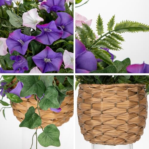 Briful Artificial Flower Arrangement with Rattan Basket Fake Potted Morning Glory Silk Flowers Faux Flower Table Centerpiece for Home Office Bathroom Wedding Farmhouse Decor(Pale Purple) - color: Pale Purple