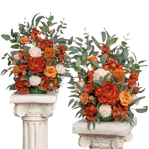 TINGE TIME Free-Standing Artificial Flower Set of 2, Table Centerpiece with Rubber Pad, Silk Fake Flower for Fall Wedding Centerpiece Archway Aisle Welcome Entrance (Terracotta) - color: Terracotta