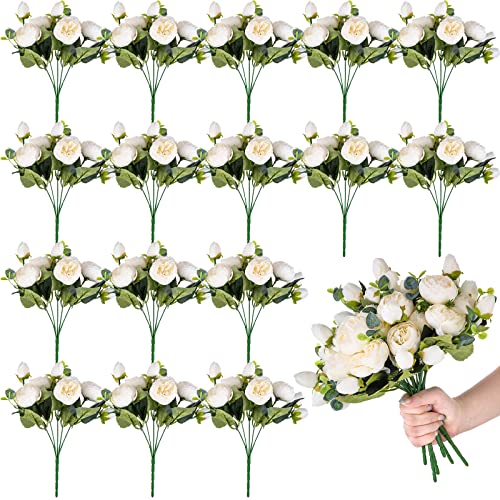 Yunlly 16 Packs Artificial Peony Flowers Faux Peonies Bouquet Silk Vintage Wedding Home Table Door Decor Reusable Bouquet Rose Flowers for Bridal Wedding Birthday Home(White,Peony) - color: White, size: Peony