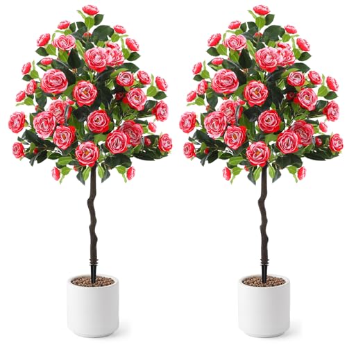Lunmon 2 Pack 4ft Artificial Camellia Plants Tree 48" Faux Camellia Flower with Spike (Without Vase) UV Resistant Realistic Fake Floral Blooming for Outdoor Front Door Porch Backyard Garden, Red White - color: Red White Bicolor, size: 4 ft