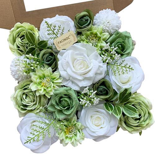 FACINOC Rose Artificial Flowers White Fake Flower Bulk for DIY Wedding Bouquet Bridal Baby Shower Decorations Party Table Centerpieces Cake Decorating Silk Floral Arrangement Home Decor Indoor Green - color: White, Green
