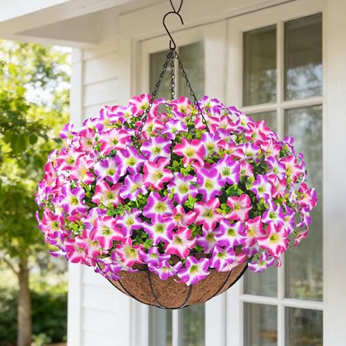 Realistic Artificial Hanging Flowers for Outdoors with Basket, 1 Set Large Size UV Resistant Artificial Outdoor Flowers, Full Faux Outdoor Flowers Fake Hanging Flowers for Porch, Front Door, Garden - color: Purple Red+rose Red, size: 1 Set