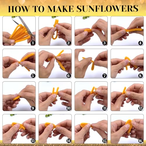 TOAOB 200pcs Pipe Cleaners Craft DIY Sunflowers Bouquets Making Kit Chenille Stems Artificial Flowers Craft Kit for DIY Art and Crafts Home Decorations Yellow Brown Dark Green - color: Yellow/Brown/Dark green