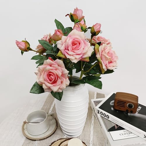 ATFL Fake Pink Roses Flowers, 6 Pcs Faux Silk Real Touch Moisturizing Artificial Pink Rose Flowers for Decoration DIY, Wedding Party, Home Office Decoration and Dining Table Centerpiece (6, Pink) - color: Pink