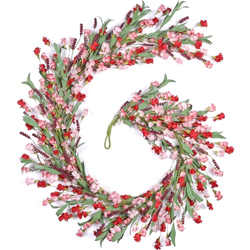 Artgar Flower Garland 9Ft Spring/Summer Garland Floral Garlands for Mantle All Year Round Paper Garlands Decor for Indoor Outdoor Home Wedding Arch Porch Stair Backdrop Year Round Decor (Red Pink) - color: Red Pink (9ft)