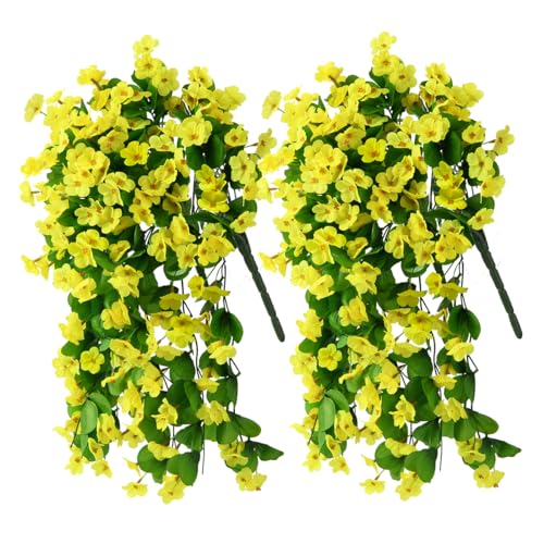 ZFProcess Artificial Fake Hanging Flowers Plants for Outdoor Spring Summer Decoration, 2PCS Faux Silk Violet UV Resistant Look Real Trailing Vines for Outside Home Planter Porch Patio(Yellow) - color: A Yellow