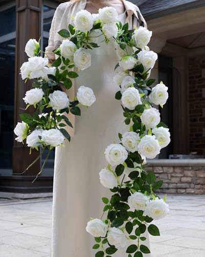 2Pcs 12Ft Bendable Artificial Flower Garland Faux Rose Vine Hanging Floral Garland for Wall Decor Trellis Fence Home Room Garden Wedding Decoration(White, 2pcs) - color: White, size: 2pcs