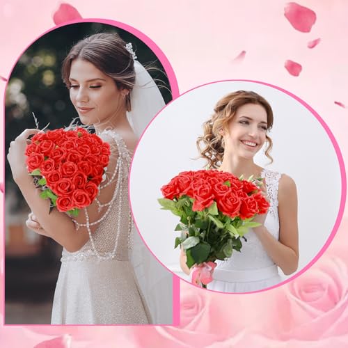 36 Pcs Silk Rose Bouquet Bridal Artificial Flowers,Fake Rose Long Stem Realistic Artificial Flowers Bulk for Wedding Bouquet Ball Arrangement Centerpiece Party Decor(red) - color: Red