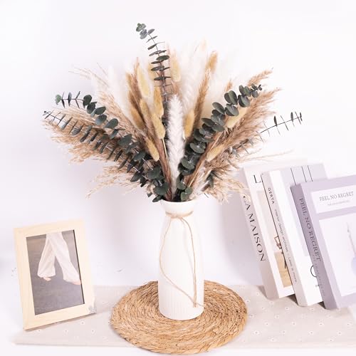 Natural Dried Pampas Grass Bouquet with Eucalyptus, 17” Boho Floral Arrangement for Vase, Home Office Farmhouse Decor, Wedding Centerpieces, Rustic Home Decor