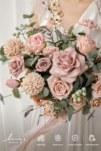 Ling's moment Dusty Rose Wedding Bouquets for Bride, Pink Bridal Bouquets for Bride, 13 Inch Free Form Artificial Wedding Flower Bouquet - color: Pk-dusty Rose & Cream(2026), size: Small 13 Inch