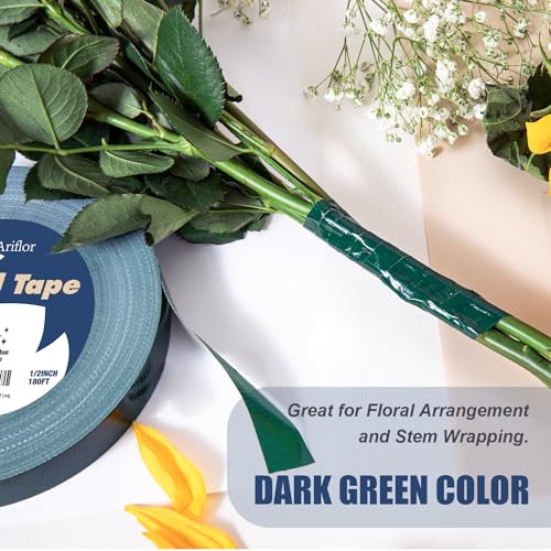 Green Floral Tape - Flower Wrap Adhesive Tape Bouquet Stem Wrapping and Floral Crafts, Wedding Bouquet Tape - 1/2 inch Wide and 180 FT Long - size: 1/2inch