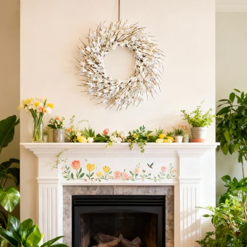 22inch Artificial Forsythia Flower Wreath Spring Summer Fall Wreath Silk Leaves for Front Door Decoration Porch Farmhouse Patio Garden Home Decor (White) - color: White