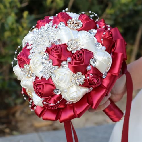 7.5" Dark Red & Ivory Bridal Wedding Bouquet Round Holding Bouquet Throw Toss Artificial Rose Flower Bunch for Bride Bridesmaid Wedding Quinceanera - color: Dark Red & Ivory, size: Small (Dia. 7.5"/19cm)
