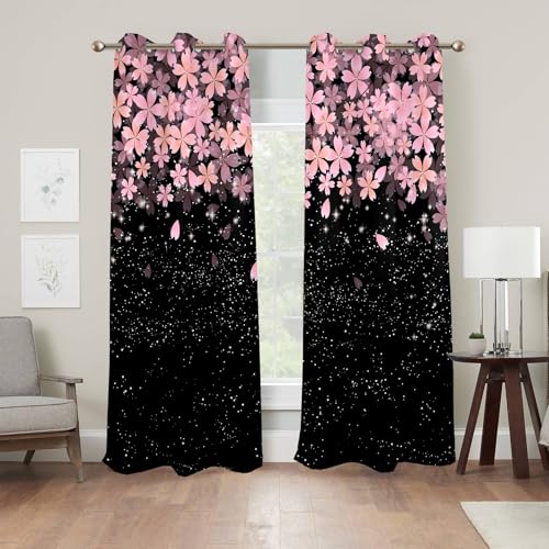 Renaiss Pink Cherry Patels Blackout Curtains, Japanese Cherry Flowers Thermal Insulated Bedroom Window Curtains, Black Floral Bossom Window Curtains for Kitchen, 45" L x 29" W 2 Panel Set - color: Black & Pink, size: 29"W x 45"L (Pack of 2)