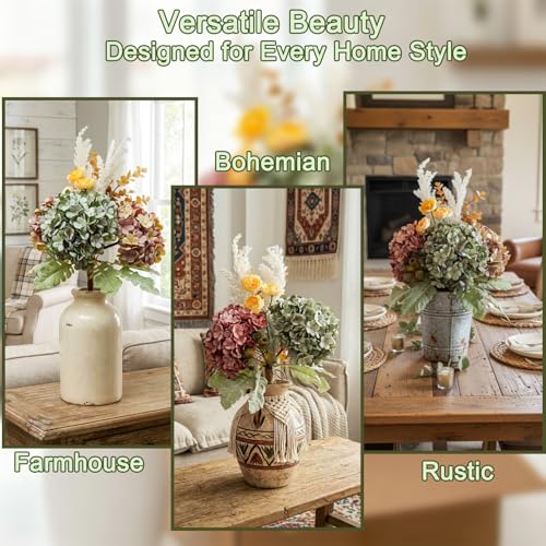 Hydrangea Artificial Flowers Bouquet, Pre-Arranged Fake Flowers Bouquet with Ranunculus, Eucalyptus, Pampas, Real Touch Silk Flowers for Centerpiece Shelf Table Wedding Home Decor