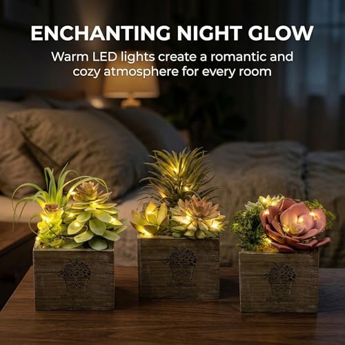 Small Fake Plants, 3 Packs Mini Succulent Plants Artificial with Led Lights for Indoor Bathroom Bedroom Desk Office Decor - color: Morning Mist