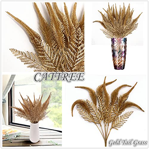 CATTREE Artificial Plants for Christmas, Plastic Grass Faux Shrubs Fake Leaves Simulation Setaria Bushes Home Indoor Outdoor Garden Wedding Festival Decoration Hall Table Planter Filler – Gold 2 Pack - color: Gold Tail Grass -2 Pcs